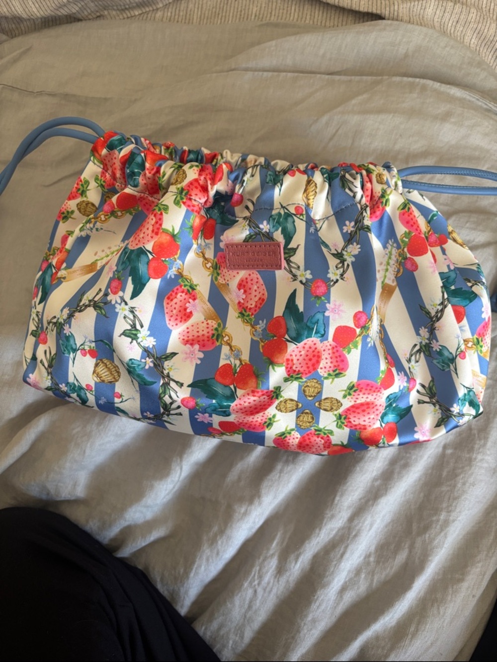 Striped Strawberry Drawstring Pouch - Blue & Pink